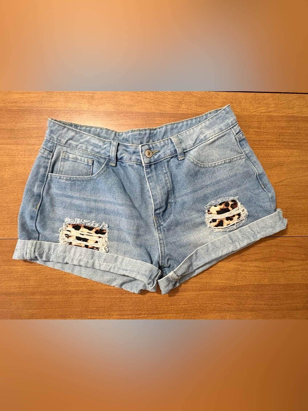 Light Blue Denim Jean Shorts with Leopard Patch Trim
